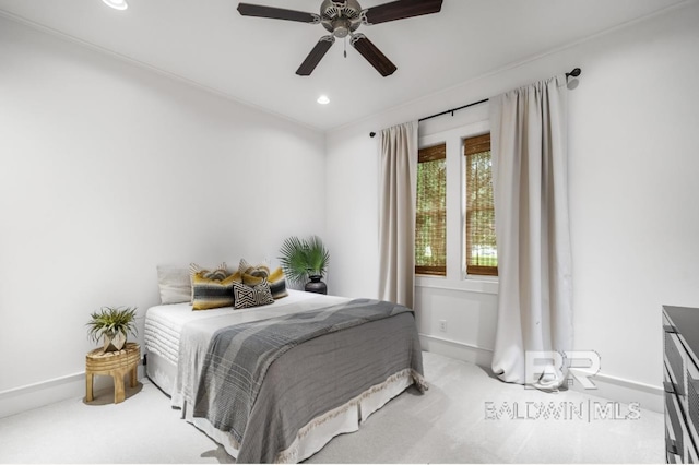 carpeted bedroom with recessed lighting, baseboards, and ceiling fan
