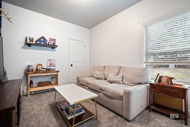 living room with a textured ceiling and dark colored carpet