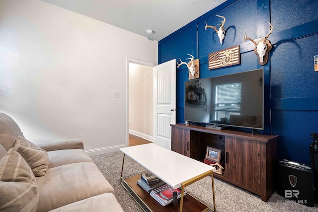 carpeted living room with a textured ceiling