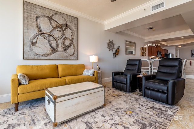 tiled living room featuring crown molding