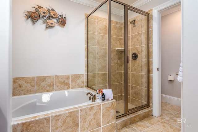 bathroom with tile patterned flooring, shower with separate bathtub, and crown molding