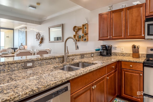 kitchen featuring sink, light stone counters, crown molding, and stainless steel appliances