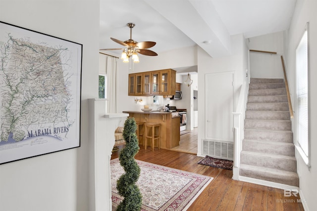 stairs featuring hardwood / wood-style floors, indoor bar, and ceiling fan