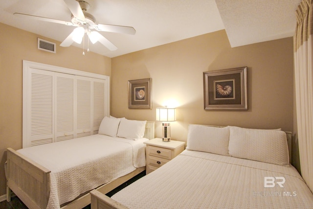 bedroom with ceiling fan and a closet