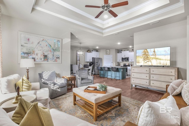 living room with sink, a tray ceiling, ornamental molding, and dark hardwood / wood-style floors