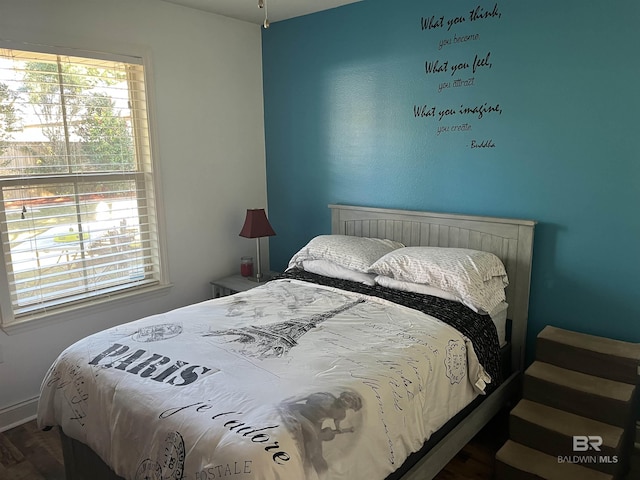 bedroom featuring wood-type flooring and multiple windows