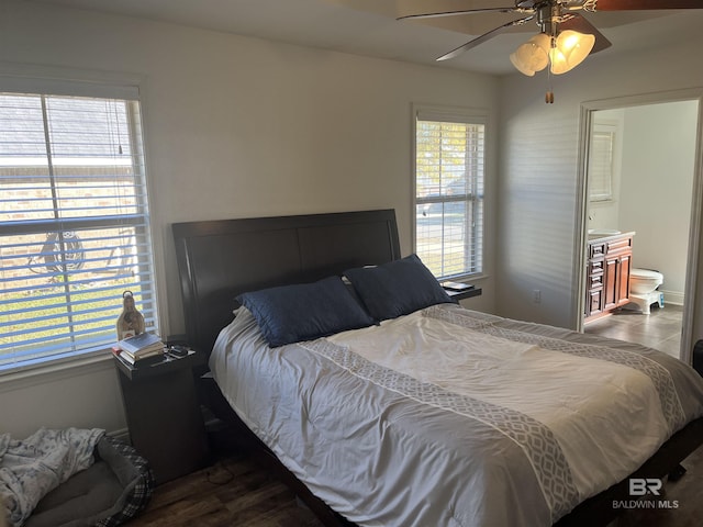 bedroom featuring ceiling fan, dark hardwood / wood-style floors, ensuite bathroom, and multiple windows