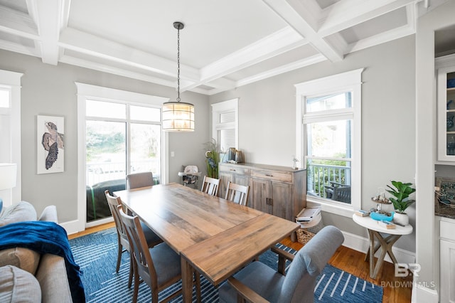 dining area featuring dark wood-type flooring, beam ceiling, and coffered ceiling