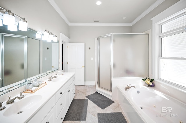 bathroom with vanity, tile patterned floors, independent shower and bath, and crown molding