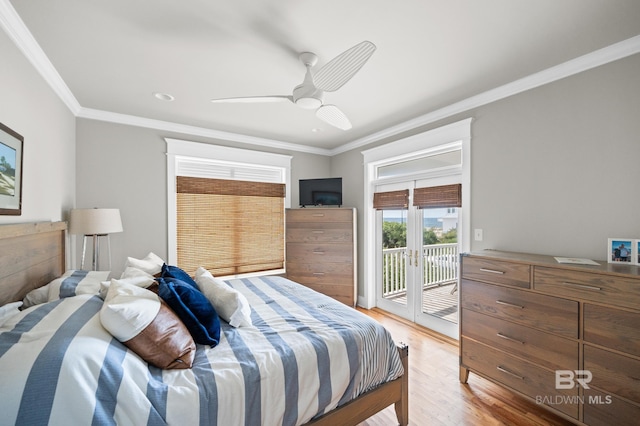 bedroom featuring ceiling fan, hardwood / wood-style flooring, ornamental molding, and access to outside