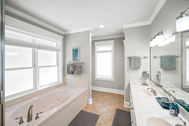 bathroom featuring a tub, vanity, ornamental molding, and tile patterned flooring