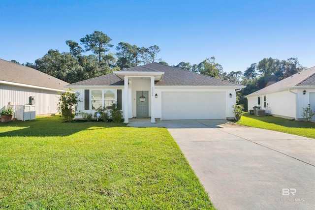 single story home featuring central AC unit, a front yard, and a garage