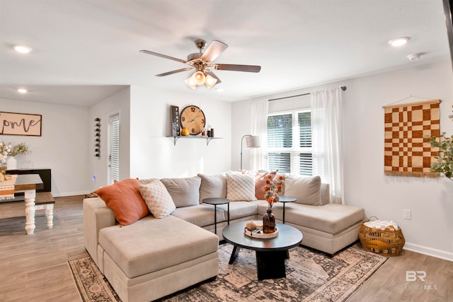 living room featuring ceiling fan and light wood-type flooring