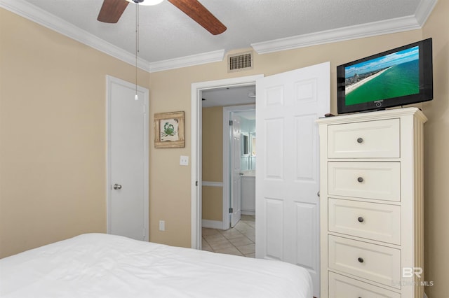 24132 Perdido Beach Blvd Unit 1063, Orange Beach, AL 36561 - bedroom with a ceiling fan, visible vents, light tile patterned floors, and crown molding