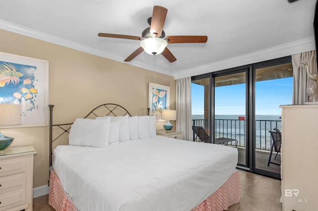 24132 Perdido Beach Blvd Unit 1063, Orange Beach, AL 36561 - bedroom with access to outside, a water view, ceiling fan, and crown molding
