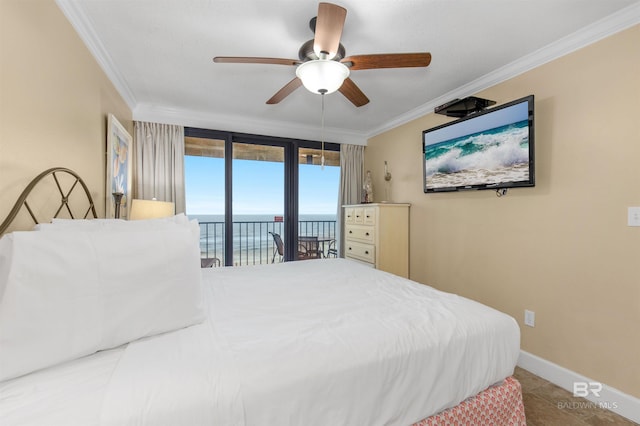 24132 Perdido Beach Blvd Unit 1063, Orange Beach, AL 36561 - bedroom with ceiling fan, access to exterior, baseboards, and ornamental molding
