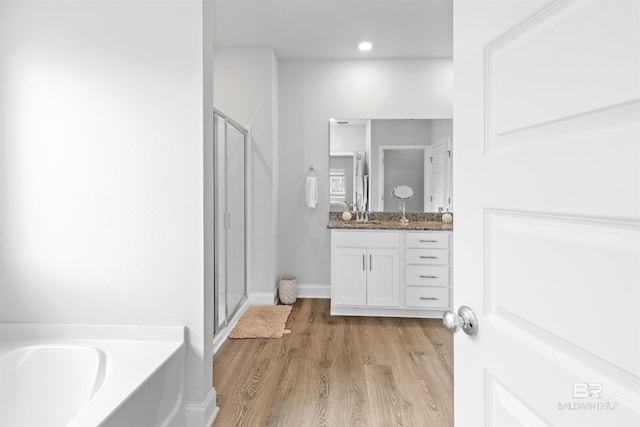 bathroom with plus walk in shower, hardwood / wood-style floors, and vanity