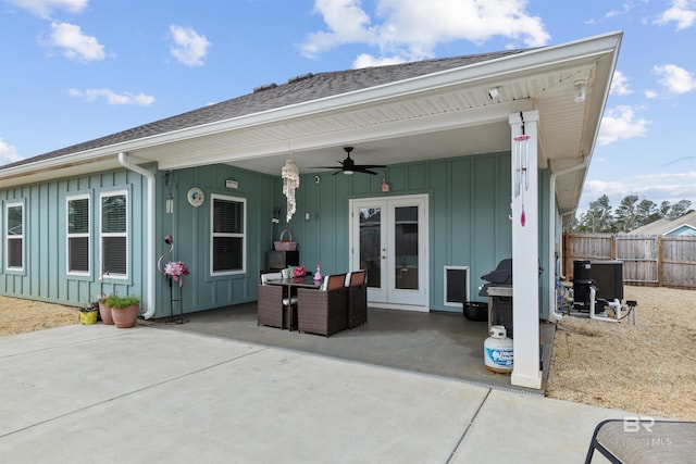 back of property with a patio, central AC unit, ceiling fan, and french doors