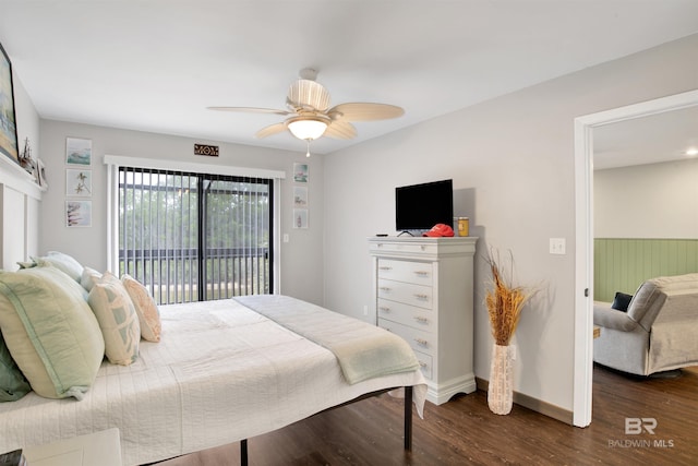 bedroom with dark wood-type flooring, access to exterior, and ceiling fan
