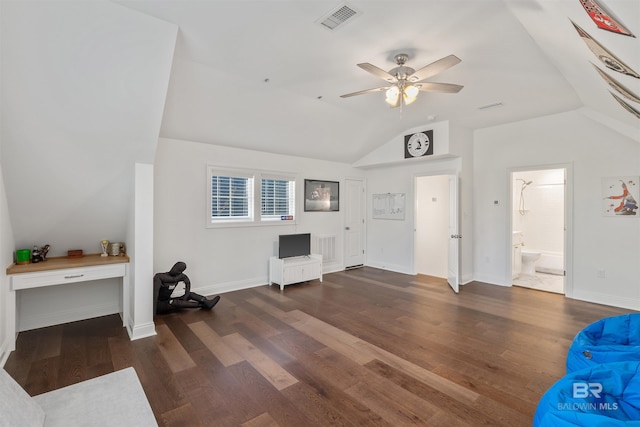 interior space with dark hardwood / wood-style flooring, lofted ceiling, and ceiling fan