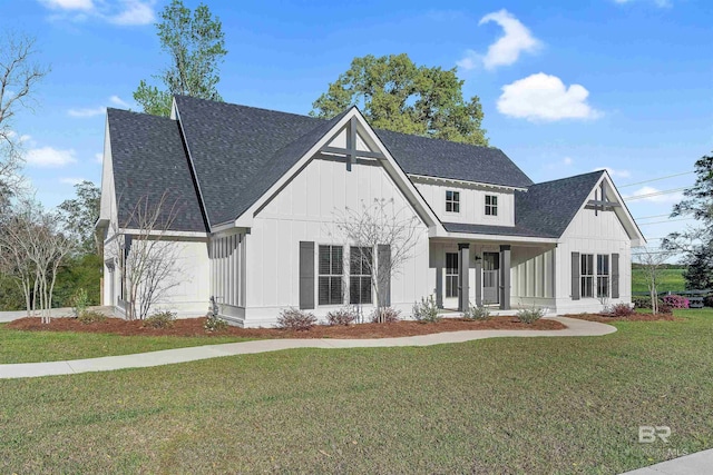 modern farmhouse style home with a porch and a front lawn