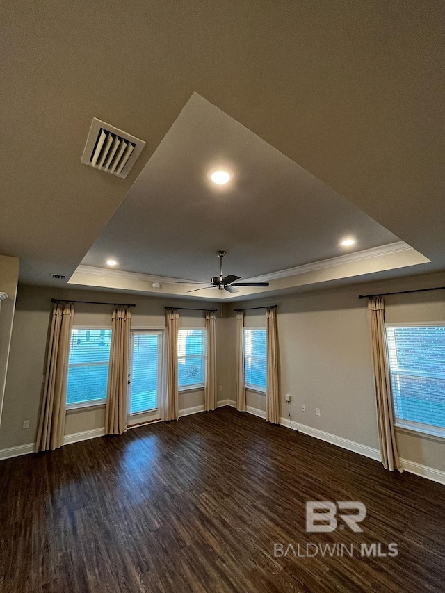 unfurnished room with a wealth of natural light, dark wood-type flooring, ceiling fan, and a raised ceiling