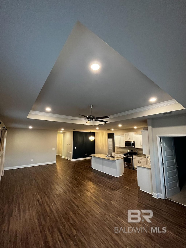 kitchen featuring stainless steel appliances, a raised ceiling, a kitchen island, white cabinets, and dark hardwood / wood-style flooring