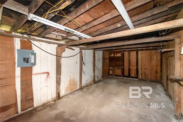 basement with electric panel and wooden walls