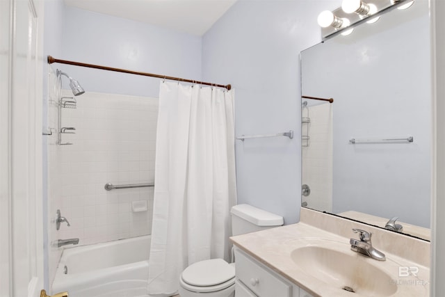 full bathroom featuring shower / bath combination with curtain, vanity, and toilet