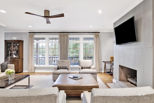 living room featuring ceiling fan, crown molding, and light hardwood / wood-style flooring