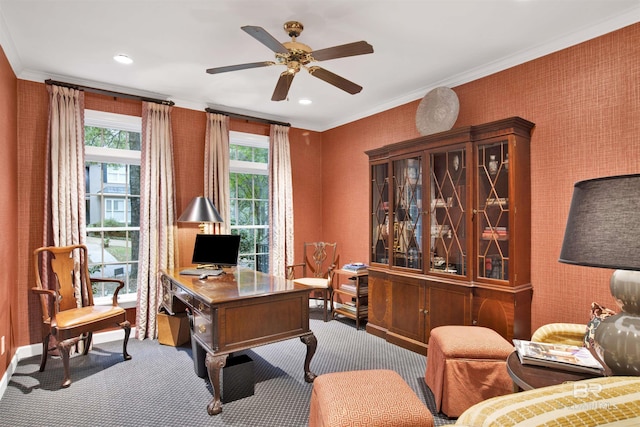 office with carpet, ceiling fan, and ornamental molding