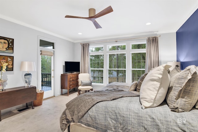 bedroom with access to outside, multiple windows, ceiling fan, and ornamental molding