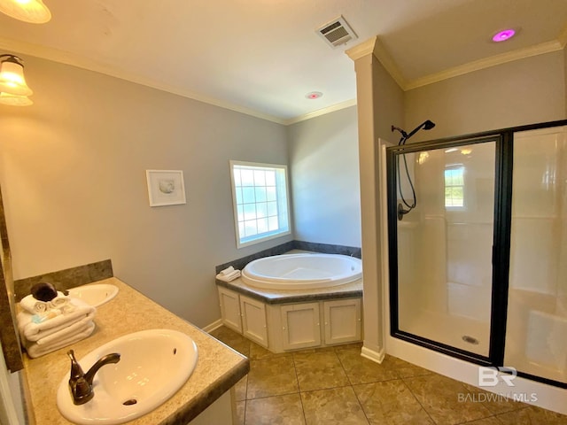 full bathroom with a bath, a shower stall, visible vents, and a sink