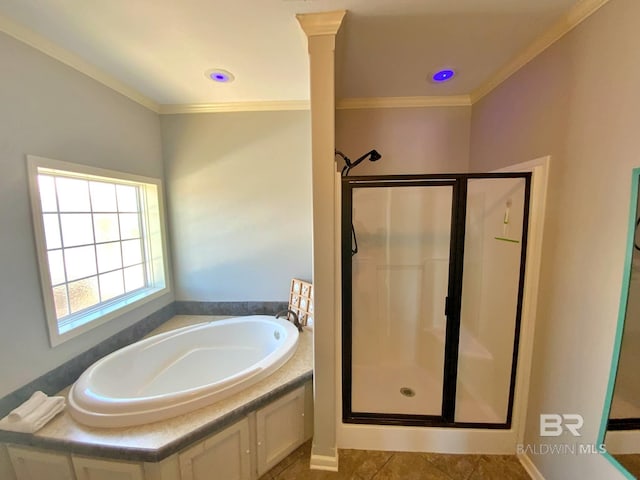 full bath featuring tile patterned floors, crown molding, a shower stall, and a bath