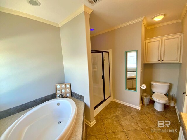 full bath featuring a stall shower, a garden tub, toilet, and crown molding