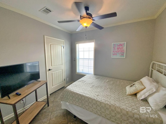 bedroom with visible vents, ornamental molding, a ceiling fan, tile patterned flooring, and baseboards