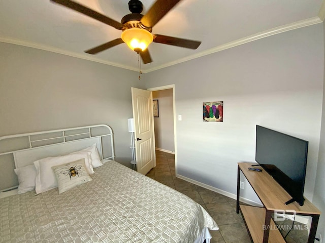 tiled bedroom with baseboards, a ceiling fan, and crown molding