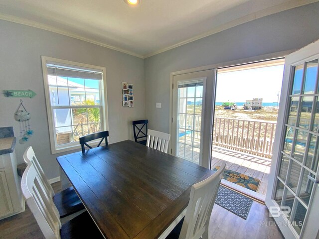 dining room with a healthy amount of sunlight, crown molding, and wood finished floors