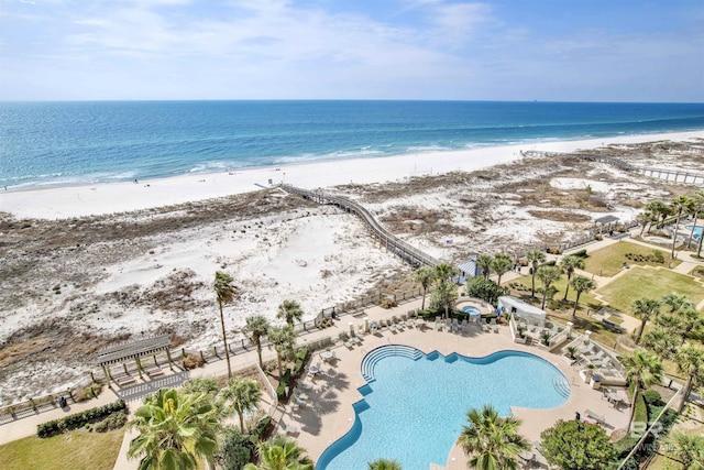 aerial view featuring a beach view and a water view