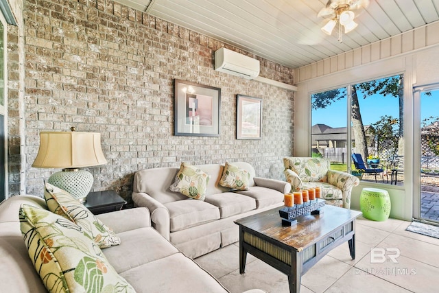 tiled living room with a wall mounted AC, ceiling fan, and wooden ceiling