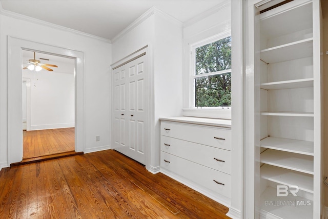 interior space featuring crown molding, dark wood finished floors, and baseboards