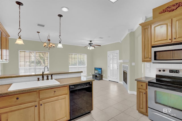 kitchen featuring dishwasher, stainless steel electric stove, sink, hanging light fixtures, and ornamental molding