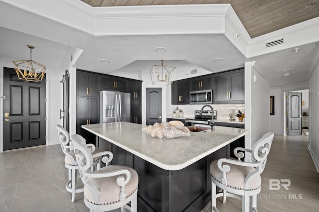 kitchen with backsplash, a spacious island, pendant lighting, and stainless steel appliances