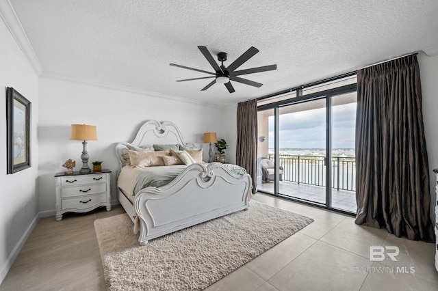 bedroom featuring access to exterior, floor to ceiling windows, a textured ceiling, ceiling fan, and crown molding