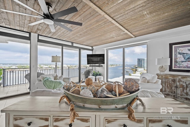 unfurnished sunroom featuring ceiling fan and wooden ceiling