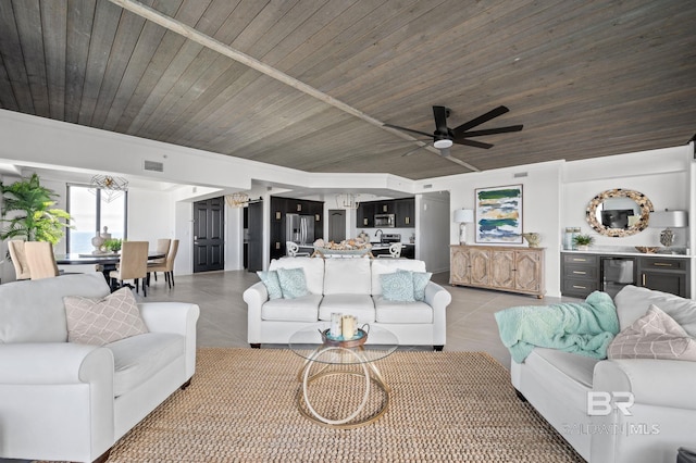 29235 Perdido Beach Blvd Unit 703, Orange Beach, AL 36561 - living room featuring wooden ceiling, ceiling fan, light tile patterned floors, and crown molding