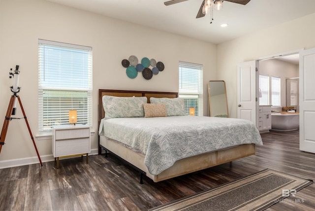 bedroom with multiple windows, baseboards, dark wood-type flooring, and recessed lighting