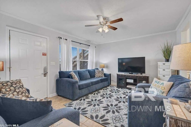 living room featuring crown molding and ceiling fan