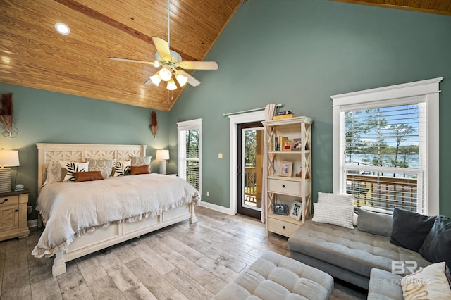 bedroom with access to outside, wood-type flooring, wooden ceiling, high vaulted ceiling, and ceiling fan