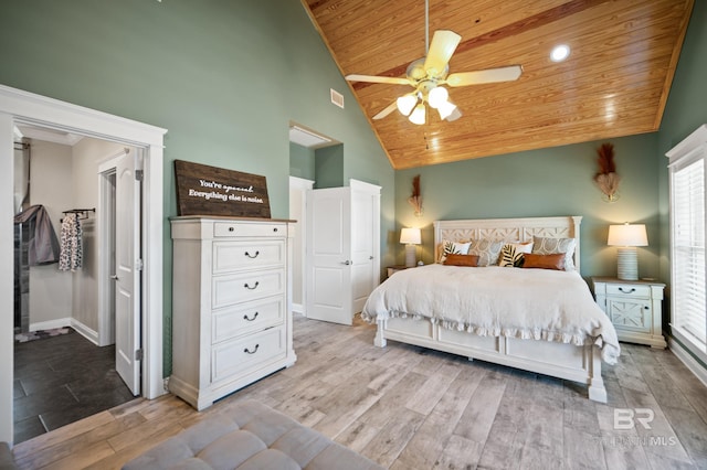 bedroom featuring high vaulted ceiling, light hardwood / wood-style floors, ceiling fan, and wooden ceiling